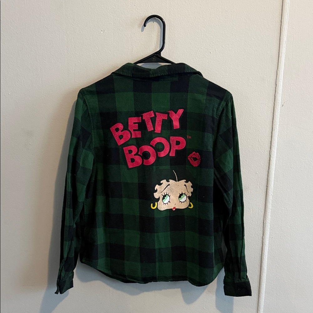 Betty Boop Green and Black Plaid Shirt with Pink Logo - Picture 2 of 3